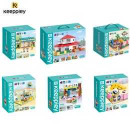 Aircraft Modle Keeppley Classic Anime Cartoon Crayon Shinchan Street View Building Blocks House Cat Bus Xiaoxin's Room Bricks Sets Kids Toys 230907