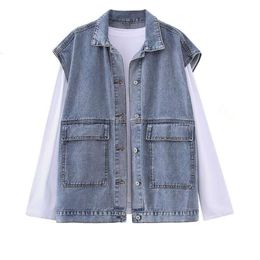 Spring And Summer Loose Long Vests Sleeved Base Shirt Korean Ins Overalls Denim Vest Jacket For Women