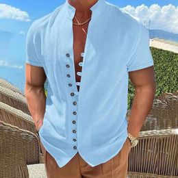 Men's Casual Shirts Summer Vintage Style Simulated Collar Solid Stand Cotton And Linen Short Sleeve Loose Handsome Shirt America