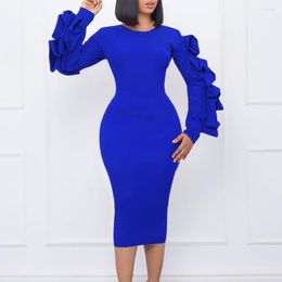 Casual Dresses Elegant Bodycon For Woman Round Neck Puff Sleeve Solid Package Hips Mid Calf Slim African Ladies Business Work Dress