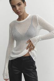 Women's Sweaters 2023 Women White Elegant Sweater Striped Crew Neck Fashion Sheer Outfits Long Sleeve Orange T-shirts Tops Female Casual