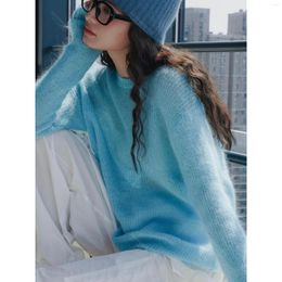 Women's Sweaters Women Autumn Soft Cashmere Sweater O-Neck Loose Style Mohair Blue Hollow Out Pullovers Fashion Pull Femme