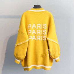 2023sweater Loose Fashion Long Cardigan Letter Printed Women Knitted Thicken Plus Size Korean English Alphabet Coat 201016