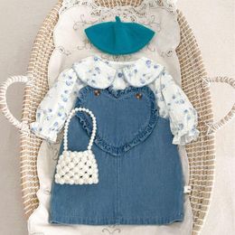 Clothing Sets 2023 Autumn Baby Girl 2PCS Clothes Set Cotton Floral Long Sleeve Tops Denim Love Broder Suspender Dress Suit Toddler Outfit