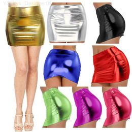 Skirts Women Latex Shinning Metalic Bright Package Hip Skirt Nightclub Stage Mini Short Fitted Colourful Sexy Pencil Skirts L230907