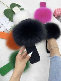 Slippers Fur Slippers Women House Flats Slides Summer 2023 Female Fashion Real Fur Flip Flops Luxury Fluffy Slippers Women Sandals Shoes X0905