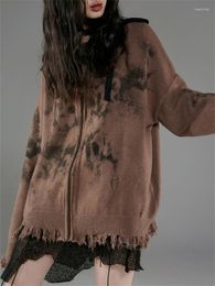 Women's Knits QWEEK Japanese Y2K Brown Sweater Women Grunge Gothic Alt Distressed Zip Up Jumper Oversized Harajuku Streetwear Emo Cardigan