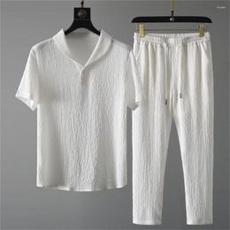 Men's Tracksuits Casual Fashion Suit For Men (Shirt Trousers) Summer Classic Solid Colour Shirt Pant Set Business 2 Piece