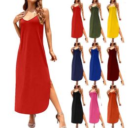 Casual Dresses Womens Strap Sling Dress Solid Colour V Neck Spaghetti Split Denim O-neck Sleeveless Long Loose Skirt Elegant