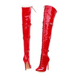 Женские пикантные сапоги до бедра 12 см с перекрестной завязкой, Сапоги выше колена на тонком высоком каблуке с острым носком, Лакированная кожаная обувь для девочек, праздничная обувь