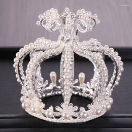 Hair Clips Wedding Crown Silver Colour Baroque Rhinestone Crystal Pearl Round Bridal Headdress Princess Birthday Tiara Jewellery