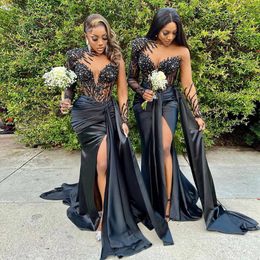 Charming Mermaid Beaded Bridesmaid Dresses With Long Sleeves Side Split Wedding Guest Dress Sequined Satin Country Maid Of Honour Gowns