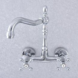 Bathroom Sink Faucets Polished Chrome Wall Mounted Basin Bath Double Handle Dual Hole Washbasin Water Mixer Tap Nsf779