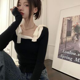 Women's Sweaters Elegant Sweater Women Square Collar Bow Contrast Long Sleeve Stretch Knitted Crop Tops Basic Female Casual Pullover WD265