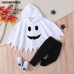 Ocasiões especiais Criança Halloween Set Macacão Fantasma Capa Com Capuz Calças Pretas Chapéu Cobertor Engraçado Cosplay Roupas Meninas Meninos Manto 230906