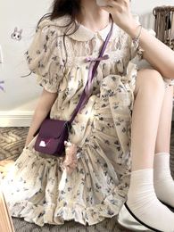 Floral Print French Elegant Dres Chiffon Japanese Sweet Party Mini Dress Female Korean Kawaii Puff Sleeve New 230808