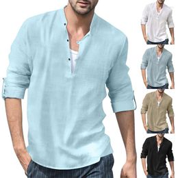 Men's Casual Shirts Men Cotton Linen Summer Stand-Up Collar Long Sleeve Solid Sand Beachwear Office Man Tees Shirt Tops