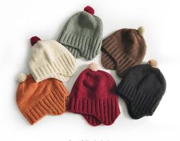 Children Knitted Woollen Hat With Fur Ball Autumn Winter Warm Kids Ear Protection Cap Beanie Hats For Boys Girls DB340