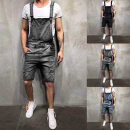 Oversize Men Ripped Jeans Jumpsuits Short Pants Summer Street Style Distressed Denim Bib Overalls Suspender Short Pants2382