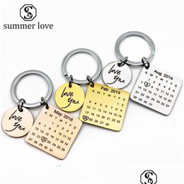 Charms Personalized Calendar Key Chain Custom Jewelry Stainless Steel Keychain Engraved Date Birthday For Girls Lovers Friends Anniv D Dhixe