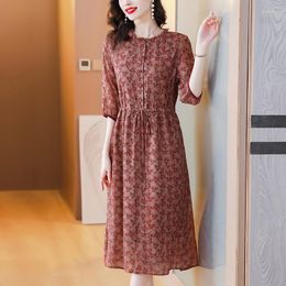 Casual Dresses Summer Fashion Retro Silk Printed Dress 2023 Women's Elegant Round Neck 7/4 Sleeve Loose Fit Vestidos