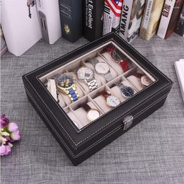 Watch Boxes 2/4/6/8/10 Grids Leather Box Display Case Holder Black Storage Glass Jewellery Organiser For Men & Women Gift