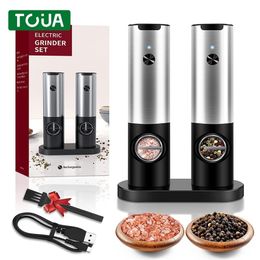 Mills USB Rechargeable Electric Salt And Pepper Grinder Set Base Charging Stainless Steel Automatic Pepper Mill Salt Spice Grinder 230906