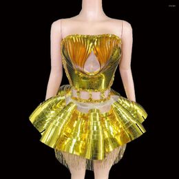 Stage Wear Women Sparkly Gold Sequins Rhinestones Short Tube Bubble Dress Sexy Club Performance Dance Costume Party Celebrate