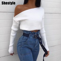 Womens Knits Tees Shestyle Slope Neck Knitted Elastic Sweaters Women Solid Plaid Texture Slash Neck Cold Shoulder Autumn Winter Basic Tops 230906