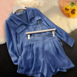 Women's Tracksuits Breathable Lady Suit Chic Comfy Shirt Shorts Set With Lapel Patch Pockets Versatile Solid-colored Elastic-waisted