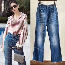 Flared Jeans Fashion Metal Chain Design Womens High Waisted Blue Raw Edge Nine Point Casual Trousers