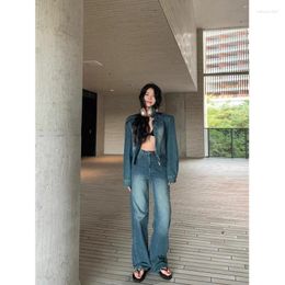 Women's Two Piece Pants Sweet Girl Retro Suit Autumn Washed Old Denim Coat Straight Casual Long Two-piece Set Fashion Female Clothes