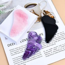 Beautiful Natural Rose Quartz Amethyst Gua Sha Facial Tools for Face Massage Angel Wing Shaped Obsidian Jade Guasha Massager Face Sculptor Skin Care