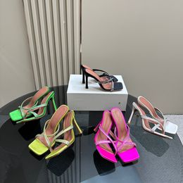 Amina Muaddi Rhinestone satin cross Slippers High-quality Bow Crystal Embellished mules spool Heels sandals women summer luxury designers shoes With box