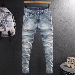 Men's Jeans Italian Style Fashion Men Retro Light Blue Elastic Stretch Slim Ripped Embroidery Designer Vintage Denim Pants