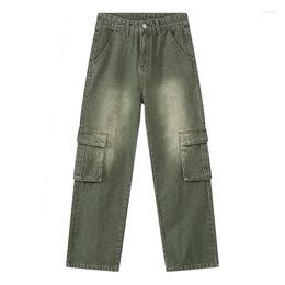 Men's Jeans 2023 Green Cargo Distressed Vintage Denim Trousers Male Wide Leg Pants Men Retro Oversize Casual Hip Hop Streetwear