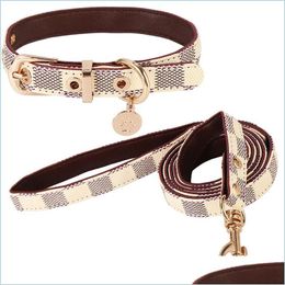 Dog Collars Leashes Designer Leather Dog Collar And Leash Set Adjustable Basic Collars Cheque Pattern Durable Harness With Metal Buck Ot9Xk