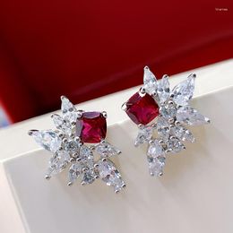 Hoop Earrings 2023 Product S925 Silver Flower Simple 5 Ruby Female Jewelry 5A Zircon