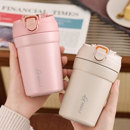 Water Bottles Coffe Insulation Mug Ceramic Liner Thermos With Straw ColdKeeping Car Simple style LeakProof Women General Gift Cup 230907