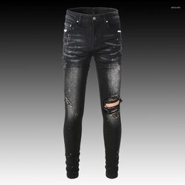 Men's Jeans Streetwear Fashion Men Black Gray Elastic Stretch Slim Fit Destroyed Ripped Painted Designer Brand Hip Hop Pants