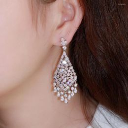 Dangle Earrings ThreeGraces Fashionable Shiny Cubic Zirconia Silver Color Long Big Bridal Wedding Engagement For Women Jewelry E1452