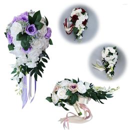 Decorative Flowers Wedding Bride Bouquet European Style With Silk Ribbon Rose Artificial Flower Decor Home Party Accessories Favours