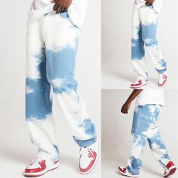 Mens Autumn Casual Loose Straight Denim Pants Tie Dye Print Sky Blue Long Trouser Straight Jeans Male Hiphop streetwear Trousers296Q