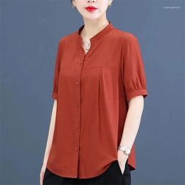 Women's Blouses Chiffon Shirt Summer Short-Sleeved Top 2023 Beautiful V-Neck T-Shirt Fashion Mother Female Button Blue