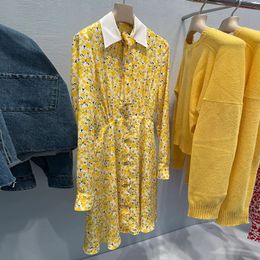 2023 Summer Yellow Floral Print Panelled Dress Long Sleeve Lapel Neck Buttons Knee-Length Casual Dresses S3S01M284