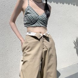 Women's Pants Design White Side Waist Casual Women Personality Flip Thin Khaki Cargo Fashion Loose Straight