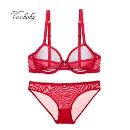 Bras Sets Varsbaby Sexy Big Red See-through Yarn Lingerie Set Rhinestone Bow Transparent Bra And Panty315U