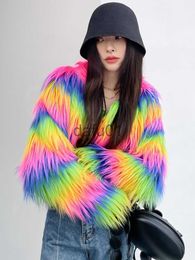 Women's Fur Faux Fur Streetwear Rainbow Striped Faux Fur Coat Women Imitation Goat Wool Luxury Furry Jacket Top Club 2022 Autumn Winter New Clothes x0907