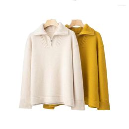 Women's Sweaters Autumn And Winter Women Lapel Zipper Long Sleeve Solid Colour Loose Cashmere Sweater Hem Slit Top