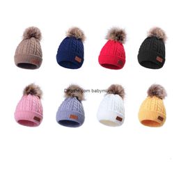 Winter Faux Fur Pom pom Ball Beanie hat Wool Knitted Beanies Hat For Newborn Baby Kids Woollen Warm Twist Crochet Caps Infant Xmas Gift